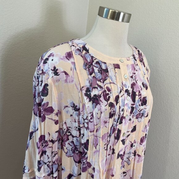 J Jill Womens XL Purple Floral Pleated Button Front Tunic Top Bell Sleeve Blouse - Picture 3 of 13